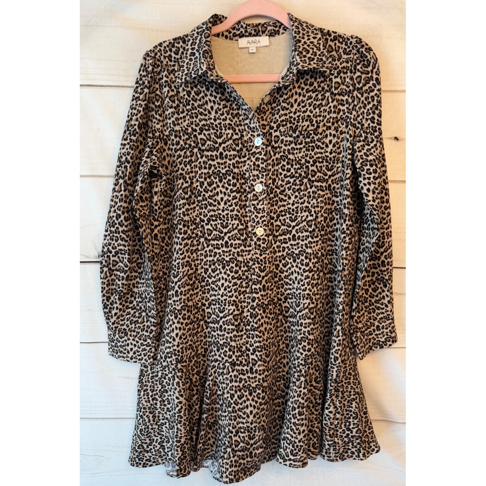 Avara Leopard Print Ruffle Hem Mini Dress Brown Tan Animal Print Long Sleeve S